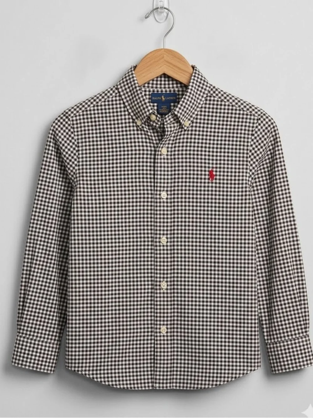 Boy’s 7/8 Ralph Lauren Black & White Gingham Shirt with Red Pony, 100% Cotton